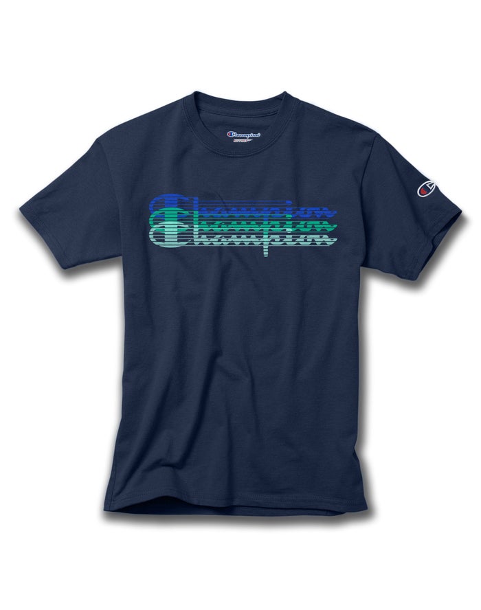 Champion Cotton Triple Split Script Logo - Marineblå T-Skjorte Gutt - Norge 786XRHAUZ